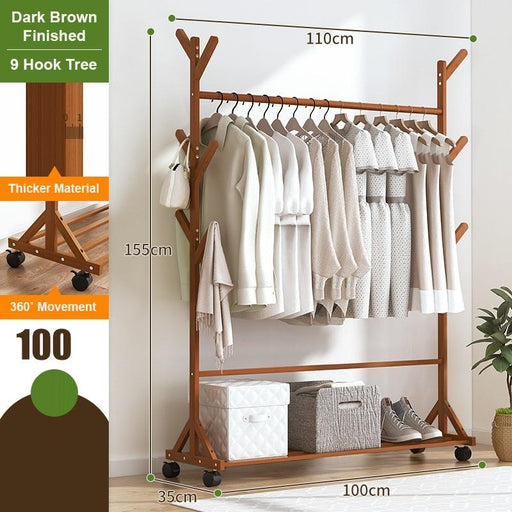 Portable Coat Stand Rack Rail Clothes Hat Garment Hanger Hook with Shelf Bamboo - amazingooh