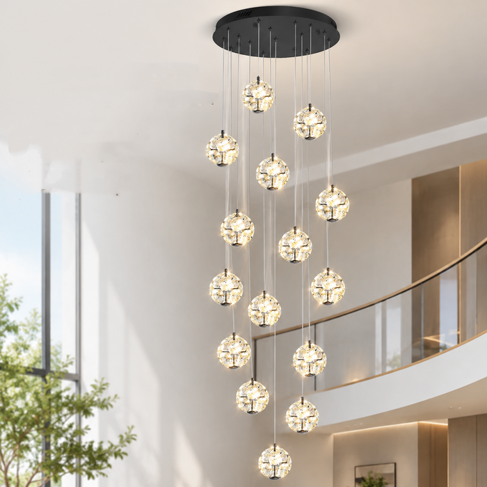 BAMDECOR C3619 15-Heads Crystal Globe Chandeliers High Ceiling Foyers Entrance Chandeliers Staircase Long Pendant Light (Black)