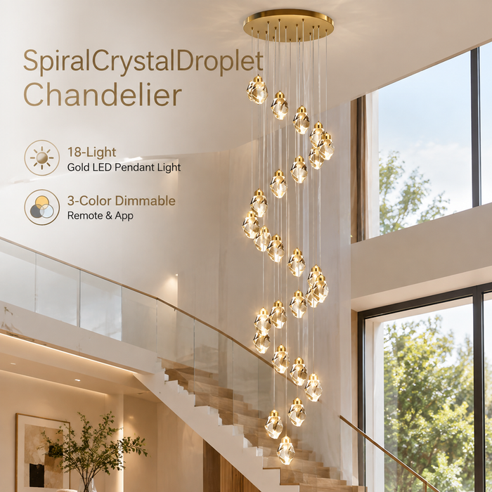 BAMDECOR LT13 18-Heads Astrae Modern Spiral Crystal Droplet Pendant Chandelier (Gold)