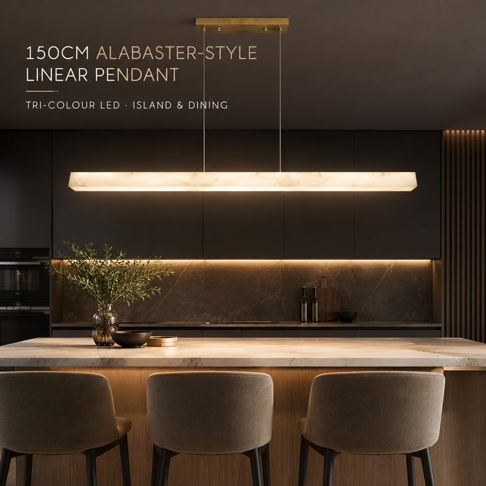 BAMDECOR YS0603 Alabaster Faux Marble Rectangle Pendant Light 150cm (Brass Gold)