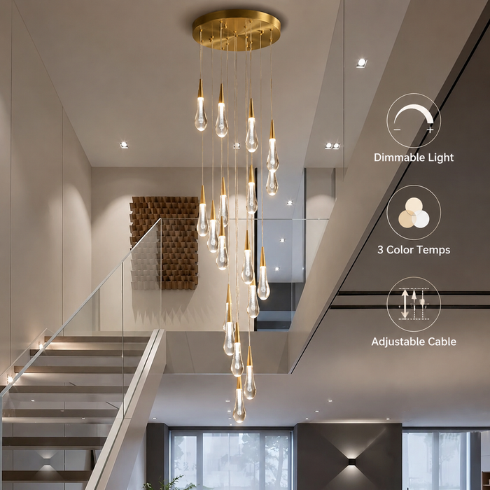 BAMDECOR LT12 18-Heads Solid Crystal Rain drop Chandelier High Ceiling Foyers Entrance Chandeliers Staircase Long Pendant Light (Silver Insert)