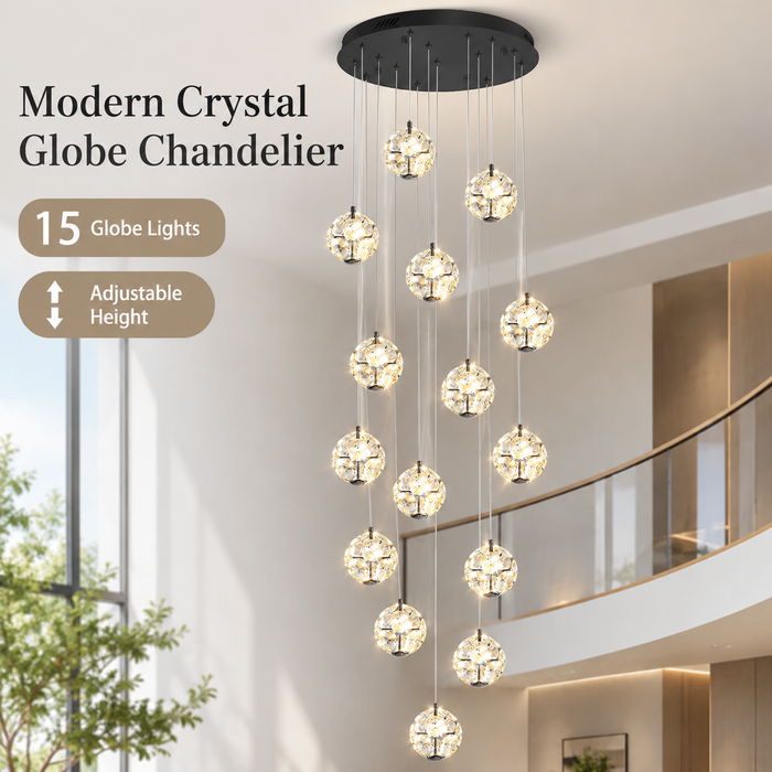 BAMDECOR C3619 15-Heads Crystal Globe Chandeliers High Ceiling Foyers Entrance Chandeliers Staircase Long Pendant Light (Black)