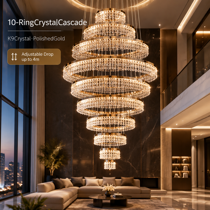 BAMDECOR C3627 Modern Crystal Chandelier Multi-Ring Hanging LED Light (Gold-Ten Rings)