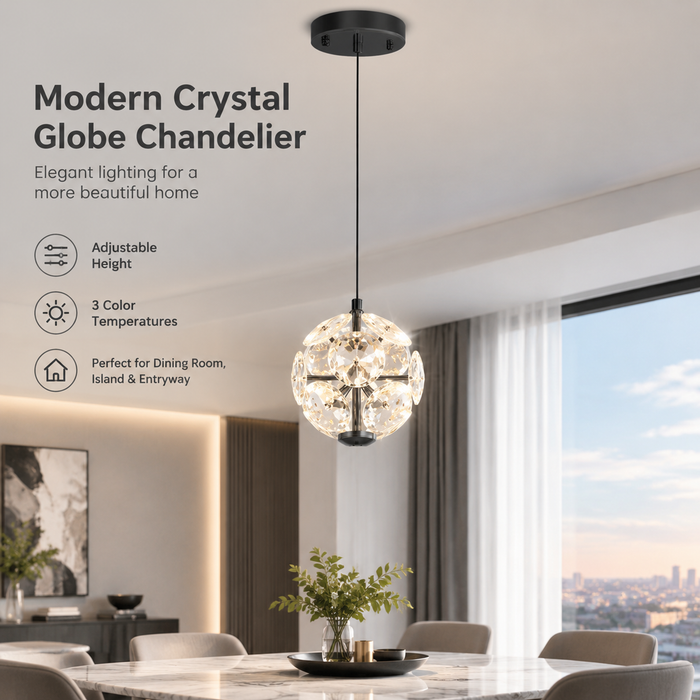 BAMDECOR C3619 Single Heads Crystal Globe Chandeliers High Ceiling Foyers Entrance Chandeliers Staircase Long Pendant Light (Black)