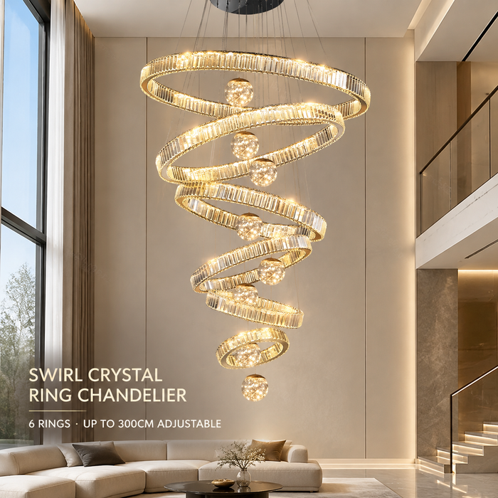 BAMDECOR C3335 Large Swirl Modern Crystal Ring Chandeliers Contemporary Round Chandelier Crystal Pendant Light(Black-Six Rings)