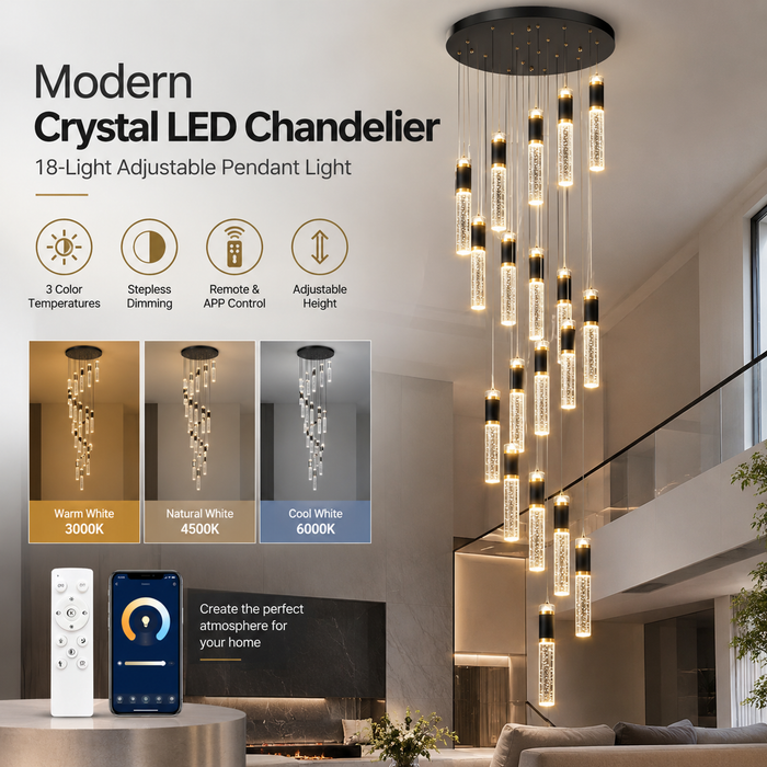 BAMDECOR LT01 Modern Bar 18-Lights Crystal Modern Led Chandelier for Dining Room, Luxury Dimmable Enterway Led Pendant Lights Fixture (Black)