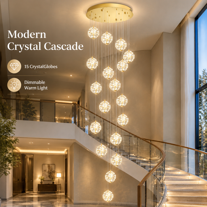 BAMDECOR C3619 15-Heads Crystal Globe Chandeliers High Ceiling Foyers Entrance Chandeliers Staircase Long Pendant Light (Gold)