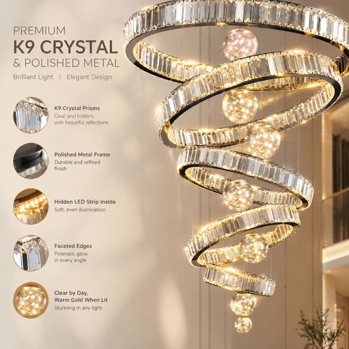 BAMDECOR C3335 Large Swirl Modern Crystal Ring Chandeliers Contemporary Round Chandelier Crystal Pendant Light(Black-Six Rings)