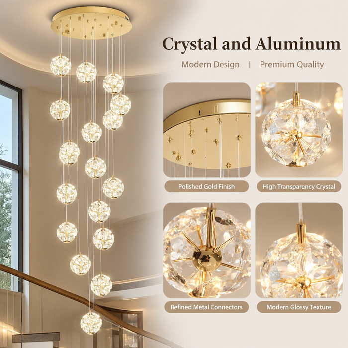 BAMDECOR C3619 15-Heads Crystal Globe Chandeliers High Ceiling Foyers Entrance Chandeliers Staircase Long Pendant Light (Gold)