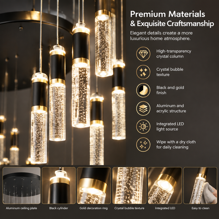 BAMDECOR LT01 Modern Bar 18-Lights Crystal Modern Led Chandelier for Dining Room, Luxury Dimmable Enterway Led Pendant Lights Fixture (Black)