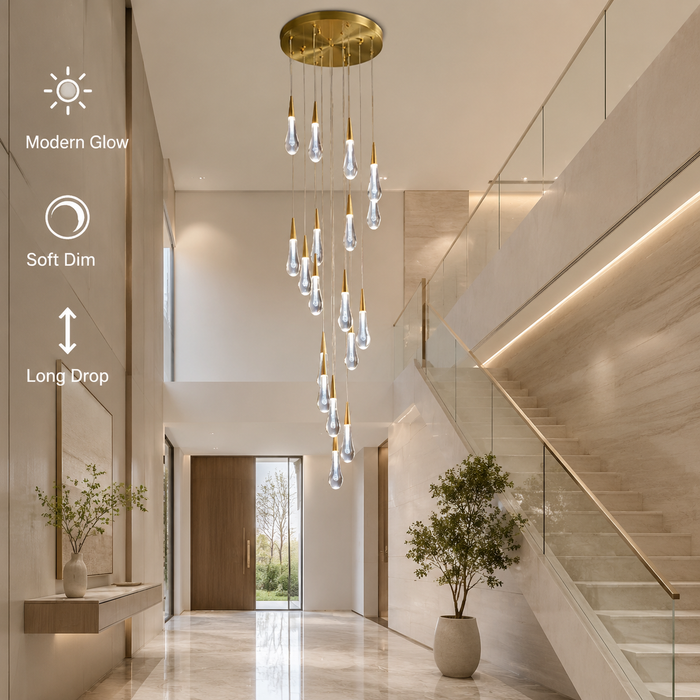 BAMDECOR LT12 18-Heads Solid Crystal Rain drop Chandelier High Ceiling Foyers Entrance Chandeliers Staircase Long Pendant Light (Silver Insert)