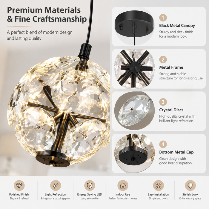 BAMDECOR C3619 Single Heads Crystal Globe Chandeliers High Ceiling Foyers Entrance Chandeliers Staircase Long Pendant Light (Black)