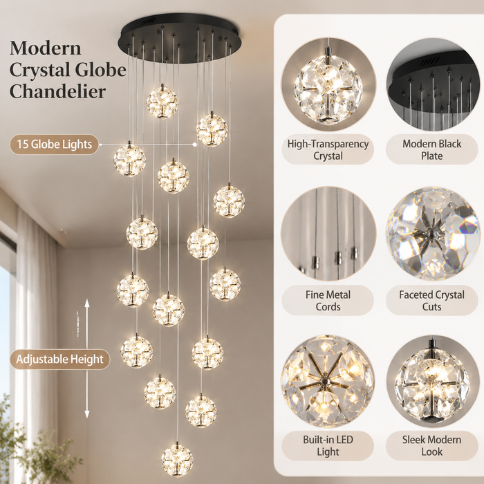 BAMDECOR C3619 15-Heads Crystal Globe Chandeliers High Ceiling Foyers Entrance Chandeliers Staircase Long Pendant Light (Black)