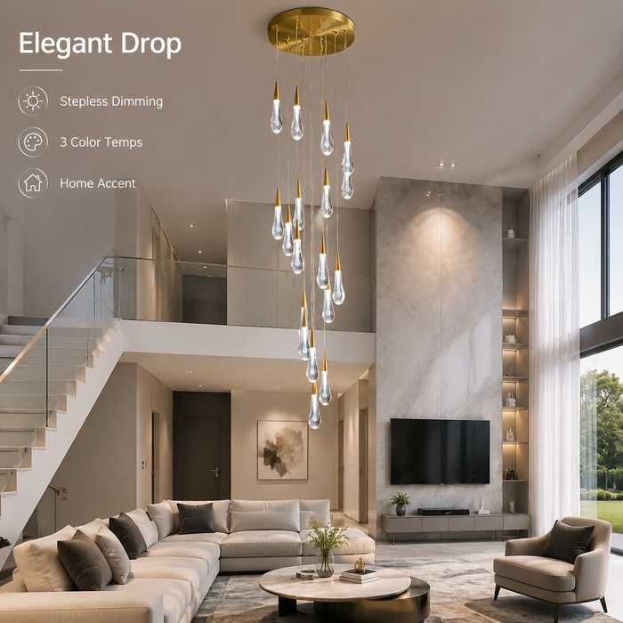 BAMDECOR LT12 18-Heads Solid Crystal Rain drop Chandelier High Ceiling Foyers Entrance Chandeliers Staircase Long Pendant Light (Silver Insert)