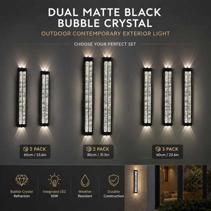 BAMDECOR WL2601  Dual Matte Black Bubble Crystal IP66 Outdoor Contemporary Exterior Light