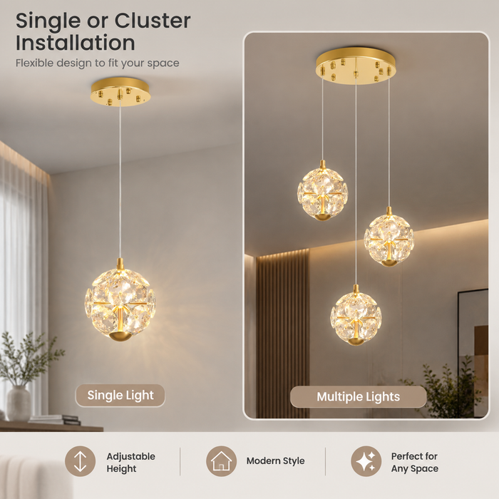 BAMDECOR C3619 Single Heads Crystal Globe Chandeliers High Ceiling Foyers Entrance Chandeliers Staircase Long Pendant Light (Gold)