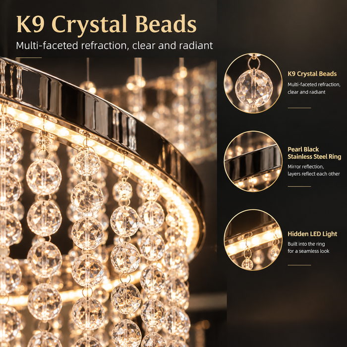 BAMDECOR C3627 Modern Crystal Chandelier Multi-Ring Hanging LED Light (Black-Ten Rings)
