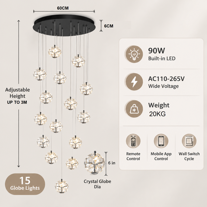 BAMDECOR C3619 15-Heads Crystal Globe Chandeliers High Ceiling Foyers Entrance Chandeliers Staircase Long Pendant Light (Black)