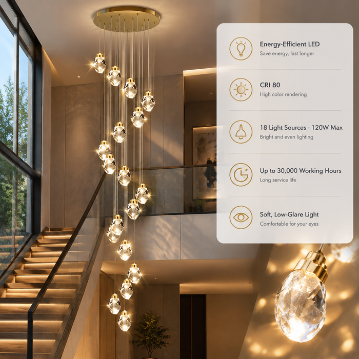 BAMDECOR LT13 18-Heads Astrae Modern Spiral Crystal Droplet Pendant Chandelier (Gold)