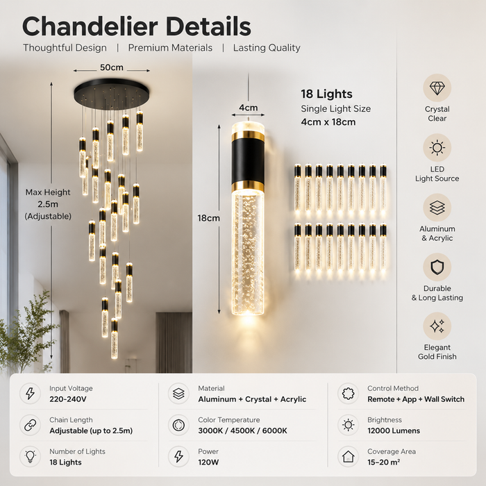 BAMDECOR LT01 Modern Bar 18-Lights Crystal Modern Led Chandelier for Dining Room, Luxury Dimmable Enterway Led Pendant Lights Fixture (Black)