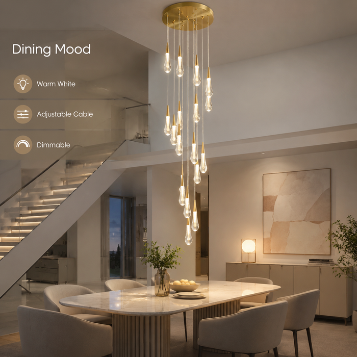 BAMDECOR LT12 18-Heads Solid Crystal Rain drop Chandelier High Ceiling Foyers Entrance Chandeliers Staircase Long Pendant Light (Silver Insert)