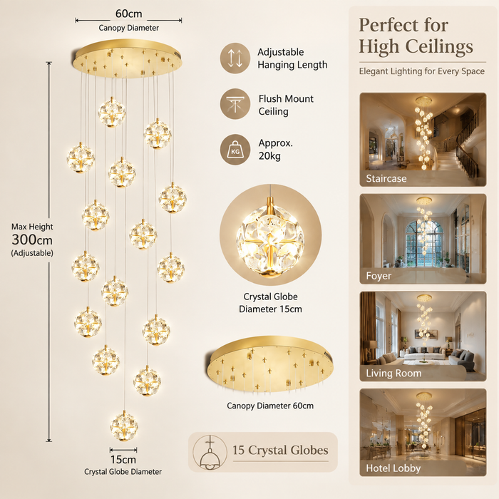 BAMDECOR C3619 15-Heads Crystal Globe Chandeliers High Ceiling Foyers Entrance Chandeliers Staircase Long Pendant Light (Gold)