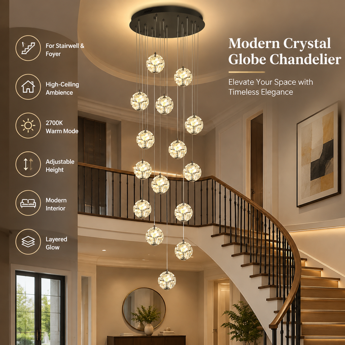 BAMDECOR C3619 15-Heads Crystal Globe Chandeliers High Ceiling Foyers Entrance Chandeliers Staircase Long Pendant Light (Black)