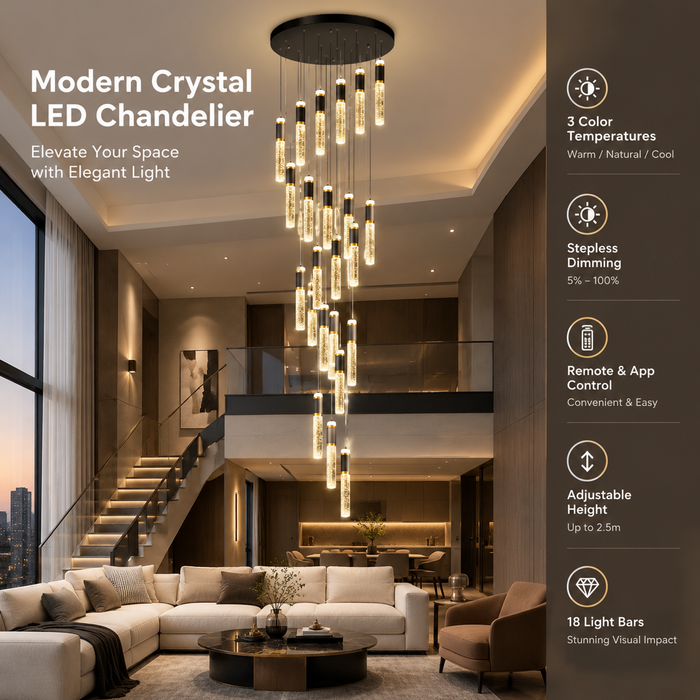 BAMDECOR LT01 Modern Bar 18-Lights Crystal Modern Led Chandelier for Dining Room, Luxury Dimmable Enterway Led Pendant Lights Fixture (Black)