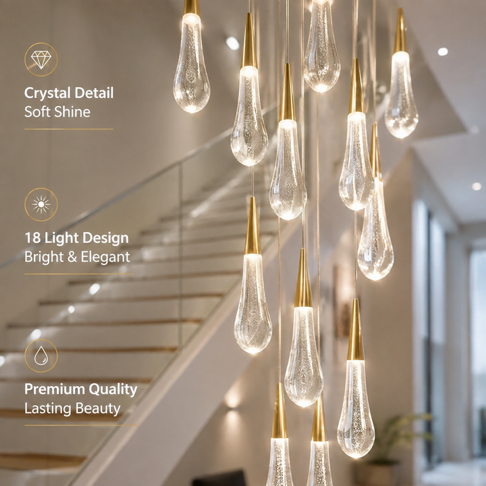 BAMDECOR LT12 18-Heads Solid Crystal Rain drop Chandelier High Ceiling Foyers Entrance Chandeliers Staircase Long Pendant Light (Silver Insert)