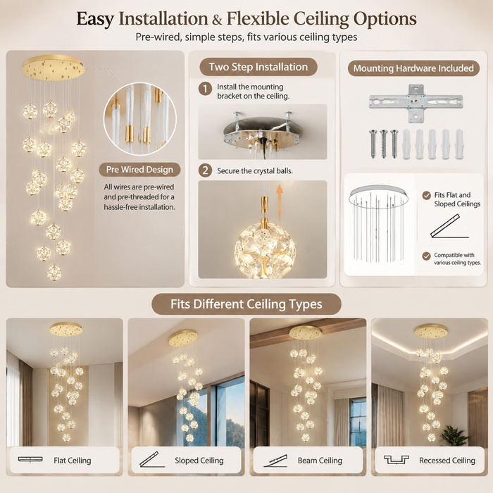 BAMDECOR C3619 15-Heads Crystal Globe Chandeliers High Ceiling Foyers Entrance Chandeliers Staircase Long Pendant Light (Gold)