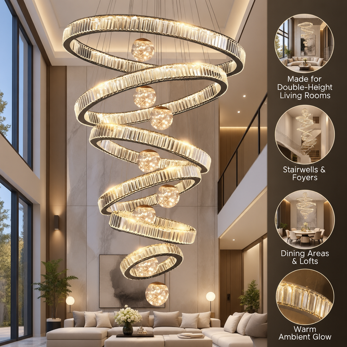 BAMDECOR C3335 Large Swirl Modern Crystal Ring Chandeliers Contemporary Round Chandelier Crystal Pendant Light(Black-Six Rings)