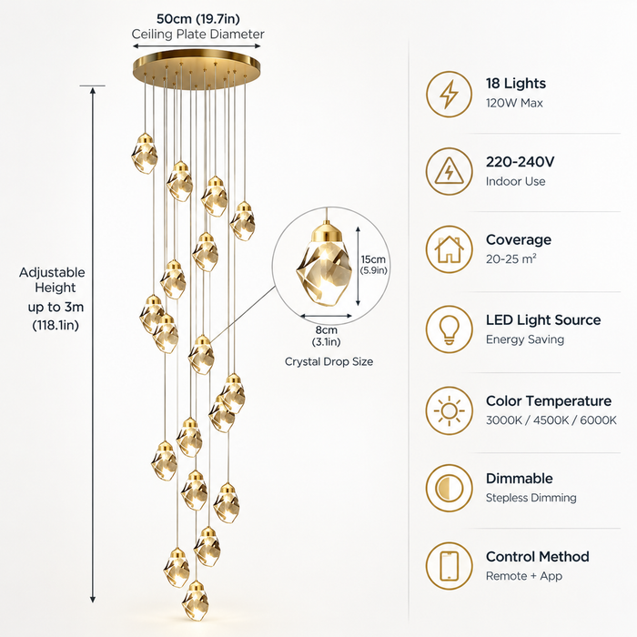 BAMDECOR LT13 18-Heads Astrae Modern Spiral Crystal Droplet Pendant Chandelier (Gold)