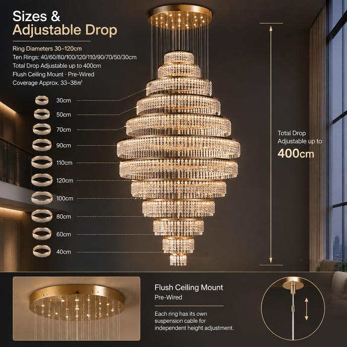 BAMDECOR C3627 Modern Crystal Chandelier Multi-Ring Hanging LED Light (Gold-Ten Rings)