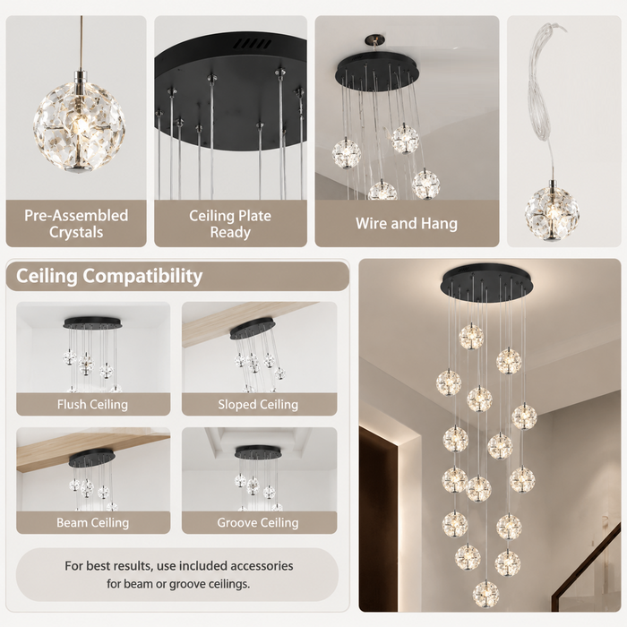 BAMDECOR C3619 15-Heads Crystal Globe Chandeliers High Ceiling Foyers Entrance Chandeliers Staircase Long Pendant Light (Black)