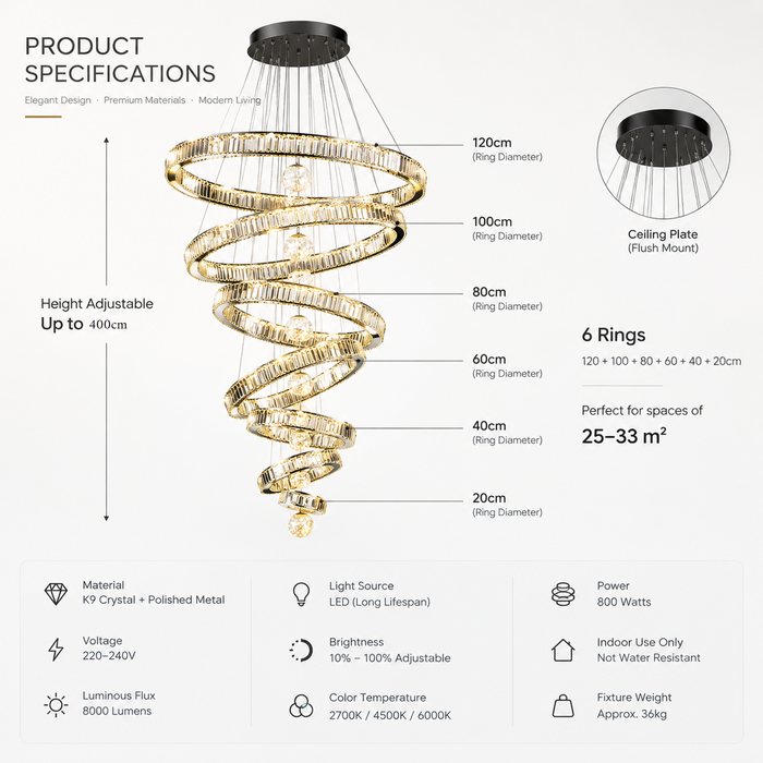BAMDECOR C3335 Large Swirl Modern Crystal Ring Chandeliers Contemporary Round Chandelier Crystal Pendant Light(Black-Six Rings)
