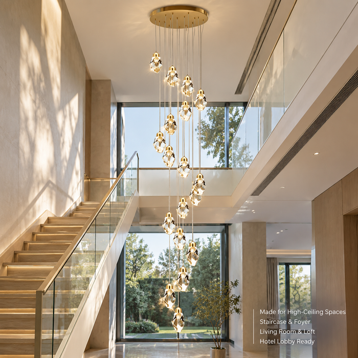 BAMDECOR LT13 18-Heads Astrae Modern Spiral Crystal Droplet Pendant Chandelier (Gold)