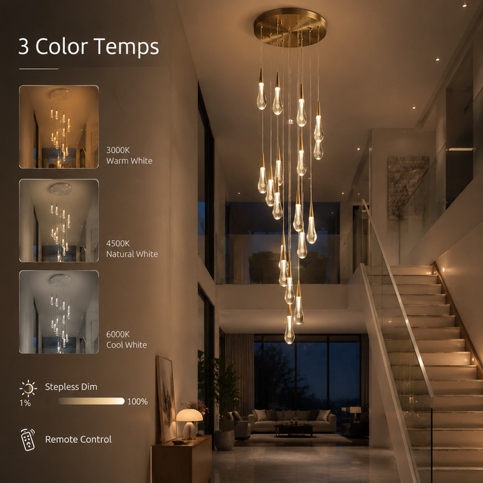 BAMDECOR LT12 18-Heads Solid Crystal Rain drop Chandelier High Ceiling Foyers Entrance Chandeliers Staircase Long Pendant Light (Silver Insert)