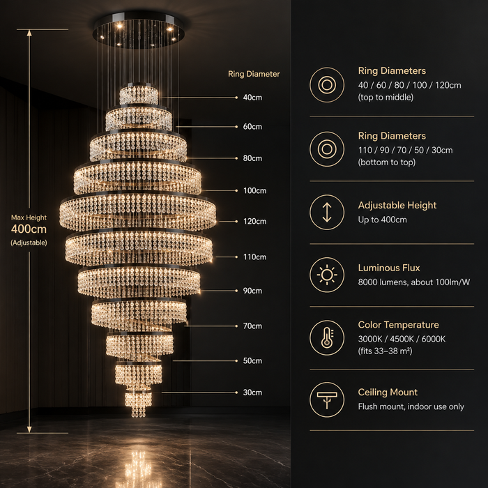 BAMDECOR C3627 Modern Crystal Chandelier Multi-Ring Hanging LED Light (Black-Ten Rings)