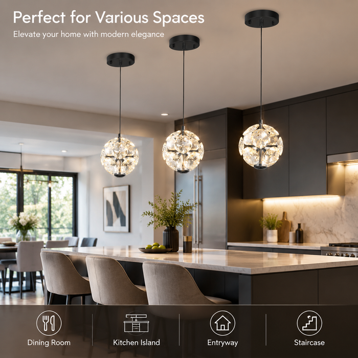BAMDECOR C3619 Single Heads Crystal Globe Chandeliers High Ceiling Foyers Entrance Chandeliers Staircase Long Pendant Light (Black)