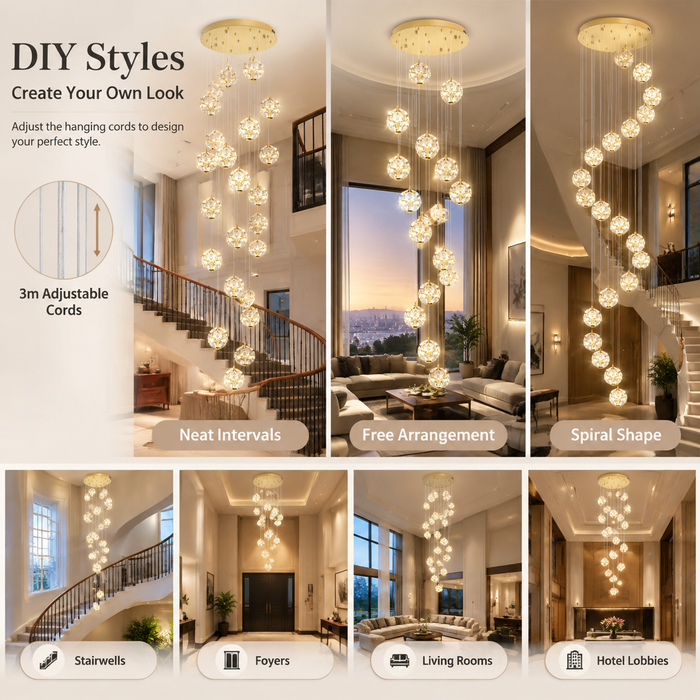 BAMDECOR C3619 15-Heads Crystal Globe Chandeliers High Ceiling Foyers Entrance Chandeliers Staircase Long Pendant Light (Gold)