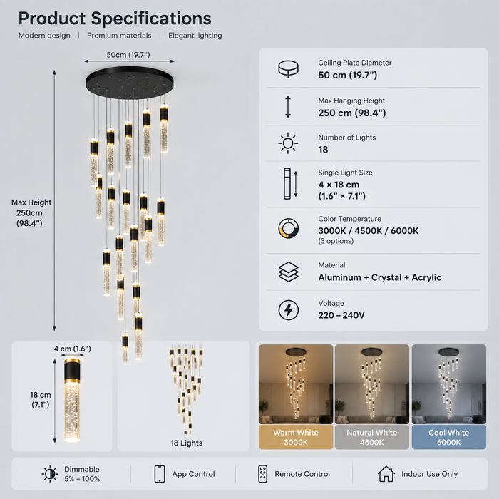 BAMDECOR LT01 Modern Bar 18-Lights Crystal Modern Led Chandelier for Dining Room, Luxury Dimmable Enterway Led Pendant Lights Fixture (Black)