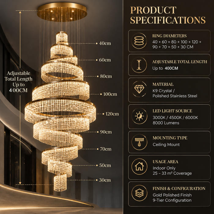 BAMDECOR C3627 Modern Crystal Chandelier Multi-Ring Hanging LED Light (Gold-Ten Rings)