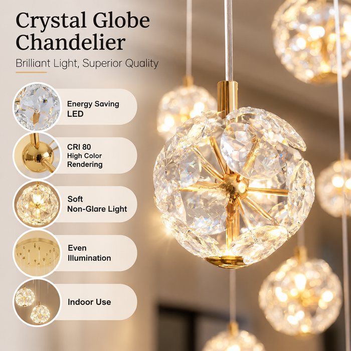 BAMDECOR C3619 15-Heads Crystal Globe Chandeliers High Ceiling Foyers Entrance Chandeliers Staircase Long Pendant Light (Gold)