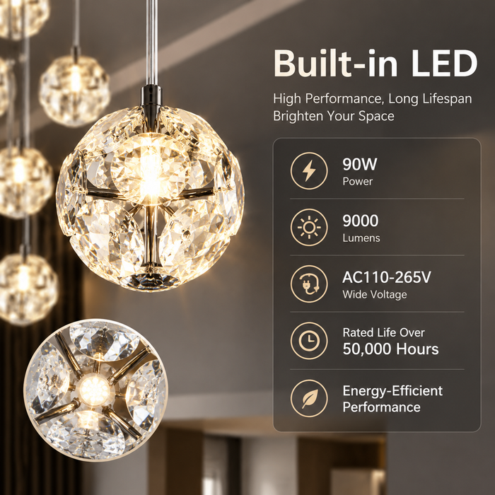 BAMDECOR C3619 15-Heads Crystal Globe Chandeliers High Ceiling Foyers Entrance Chandeliers Staircase Long Pendant Light (Black)