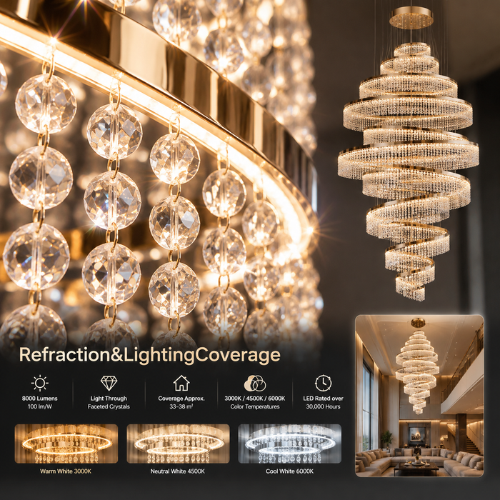 BAMDECOR C3627 Modern Crystal Chandelier Multi-Ring Hanging LED Light (Gold-Ten Rings)
