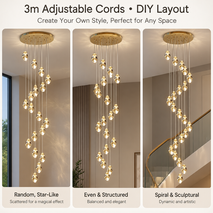BAMDECOR LT13 18-Heads Astrae Modern Spiral Crystal Droplet Pendant Chandelier (Gold)