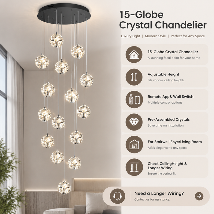 BAMDECOR C3619 15-Heads Crystal Globe Chandeliers High Ceiling Foyers Entrance Chandeliers Staircase Long Pendant Light (Black)