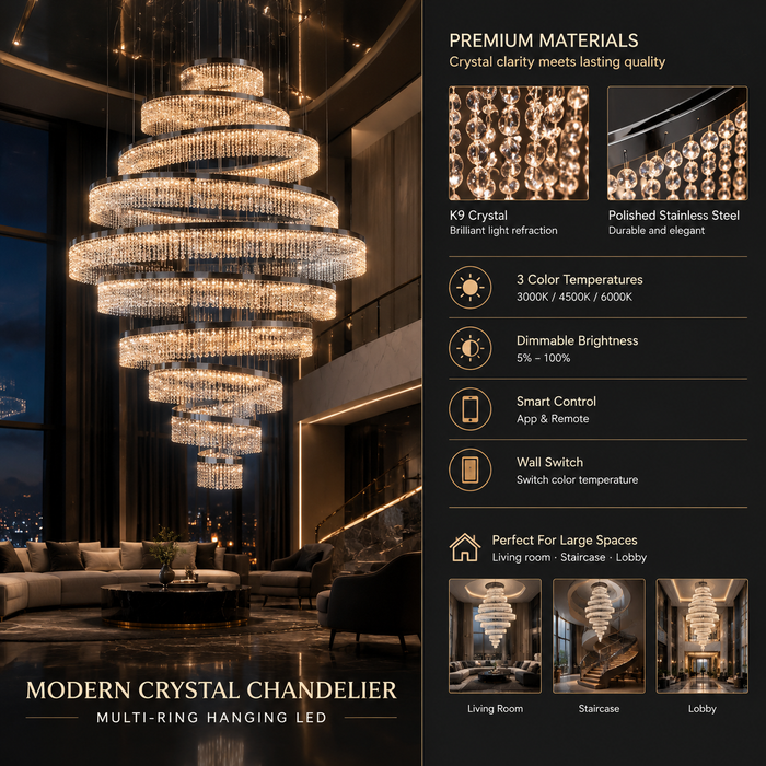 BAMDECOR C3627 Modern Crystal Chandelier Multi-Ring Hanging LED Light (Black-Ten Rings)