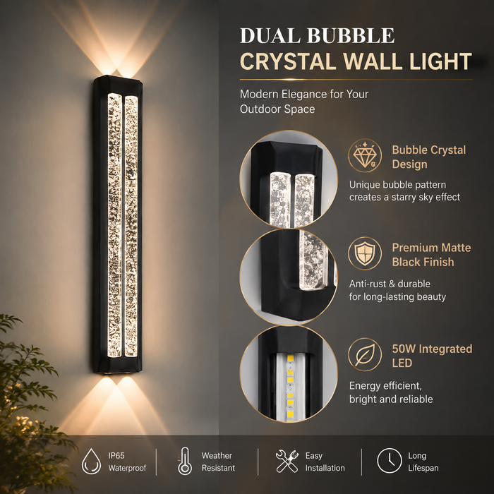 BAMDECOR WL2601  Dual Matte Black Bubble Crystal IP66 Outdoor Contemporary Exterior Light