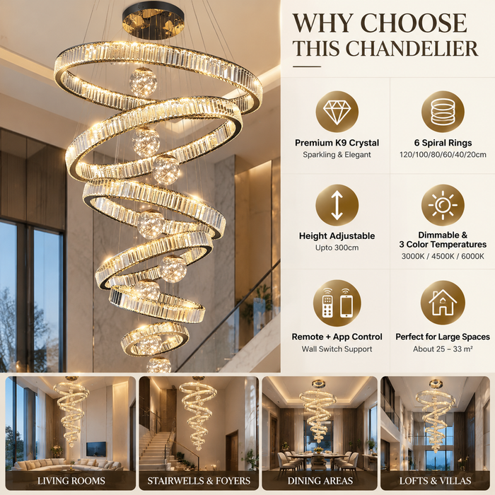 BAMDECOR C3335 Large Swirl Modern Crystal Ring Chandeliers Contemporary Round Chandelier Crystal Pendant Light(Black-Six Rings)